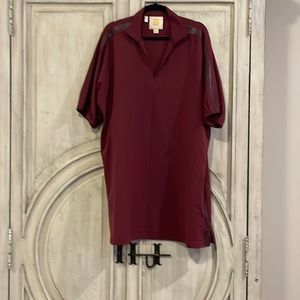Emily McCarthy burgundy dress with leather details on shoulders & body